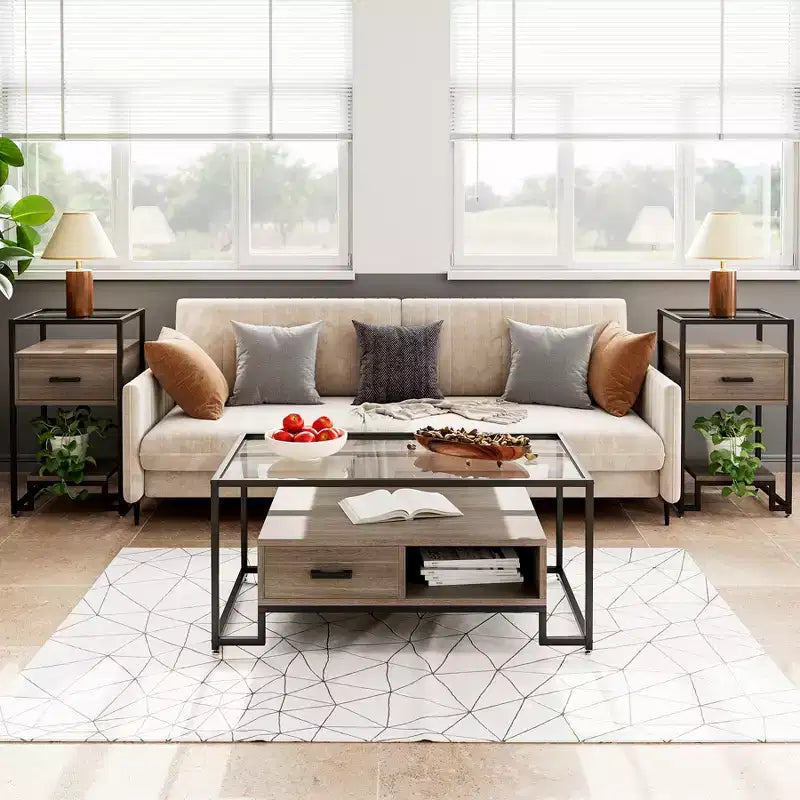 Table basse rectangulaire en verre avec 2 tiroirs et étagère de rangement Table basse vintage pour le salon