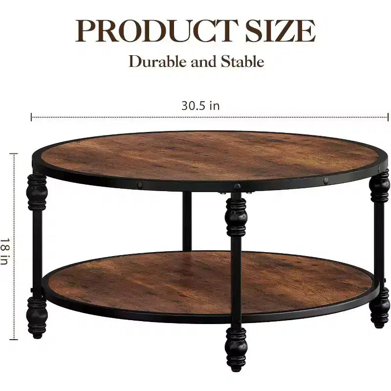 Table basse ronde rustique COZONY à 2 niveaux avec plateau en bois et pieds métalliques robustes en colonne romaine, table centrale de salon facile à assembler