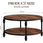Table basse ronde rustique COZONY à 2 niveaux avec plateau en bois et pieds métalliques robustes en colonne romaine, table centrale de salon facile à assembler