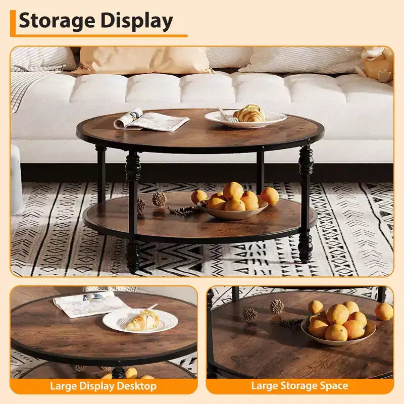 Table basse ronde rustique COZONY à 2 niveaux avec plateau en bois et pieds métalliques robustes en colonne romaine, table centrale de salon facile à assembler