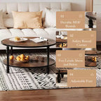 Table basse ronde rustique COZONY à 2 niveaux avec plateau en bois et pieds métalliques robustes en colonne romaine, table centrale de salon facile à assembler