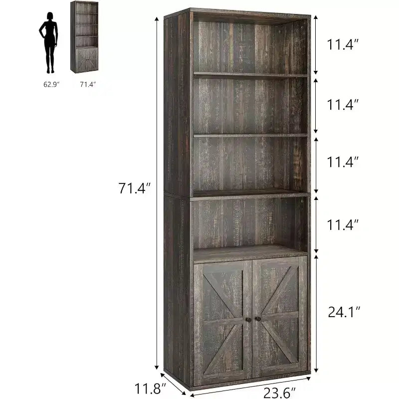 Bibliothèque industrielle en chêne avec portes, étagère de rangement à 4 niveaux, 181,4 cm de hauteur, 30 cm de profondeur, pour chambre/salon/bureau à domicile