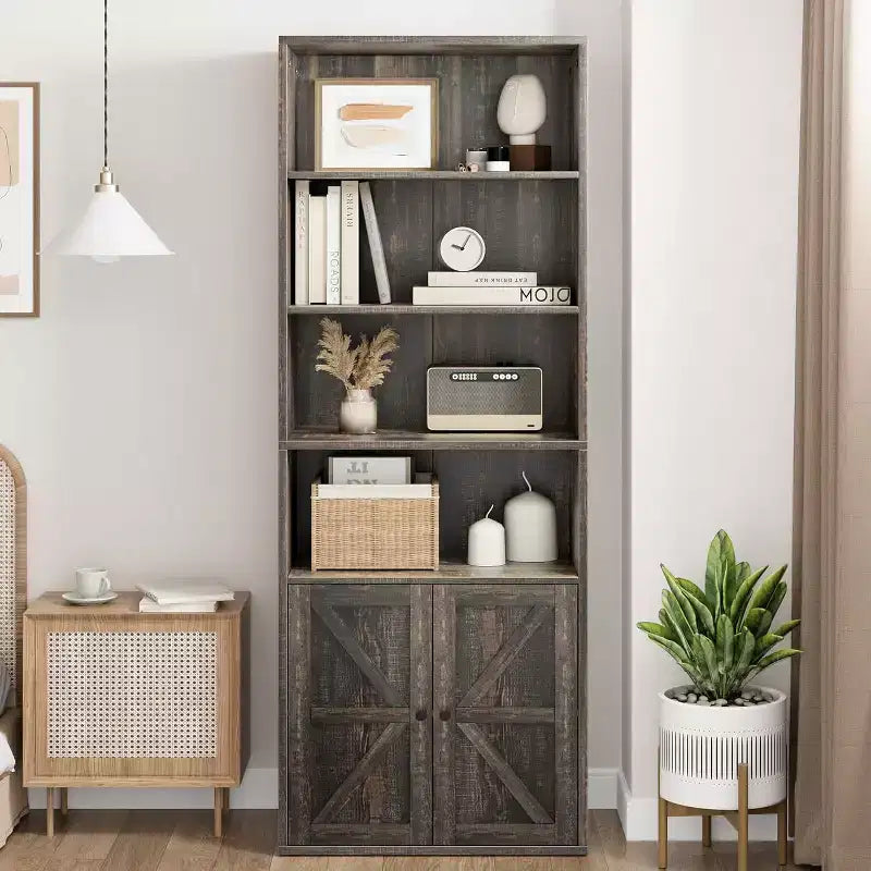 Bibliothèque industrielle en chêne avec portes, étagère de rangement à 4 niveaux, 181,4 cm de hauteur, 30 cm de profondeur, pour chambre/salon/bureau à domicile