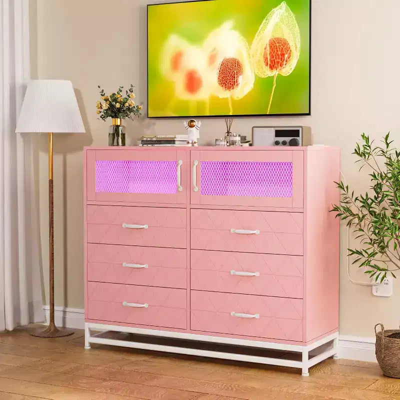 Commode à 8 tiroirs Acekool avec armoire pour chambre à coucher, chiffonnier haut avec station de charge, organisateur de rangement pour salon, couloir, placard
