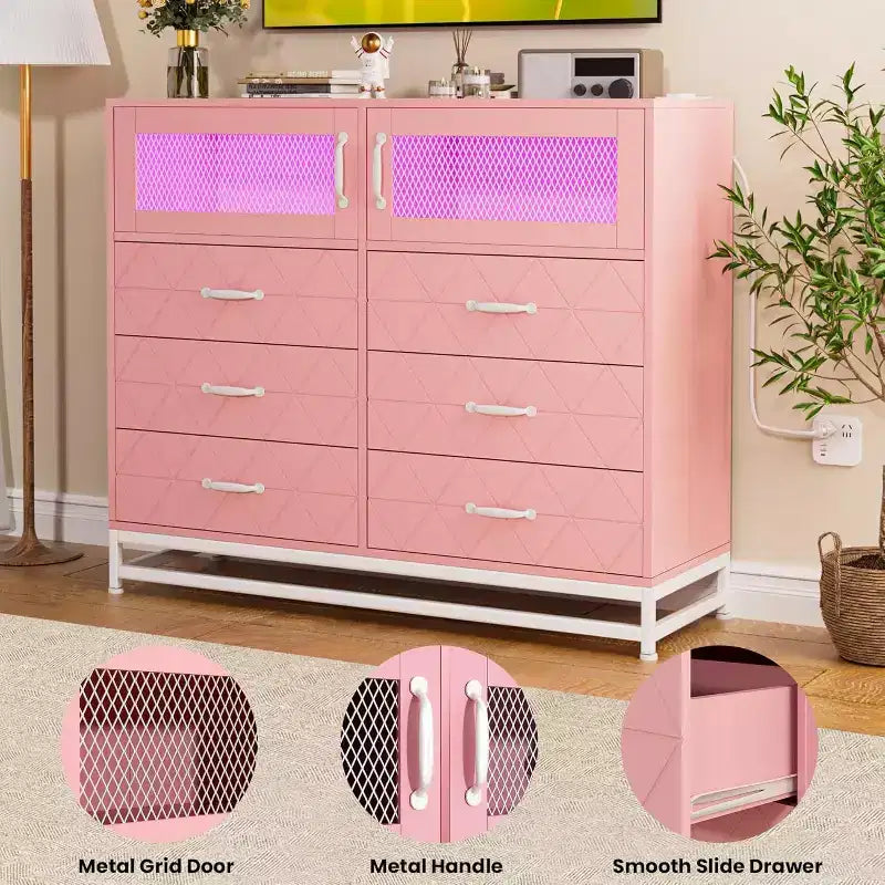 Commode à 8 tiroirs Acekool avec armoire pour chambre à coucher, chiffonnier haut avec station de charge, organisateur de rangement pour salon, couloir, placard