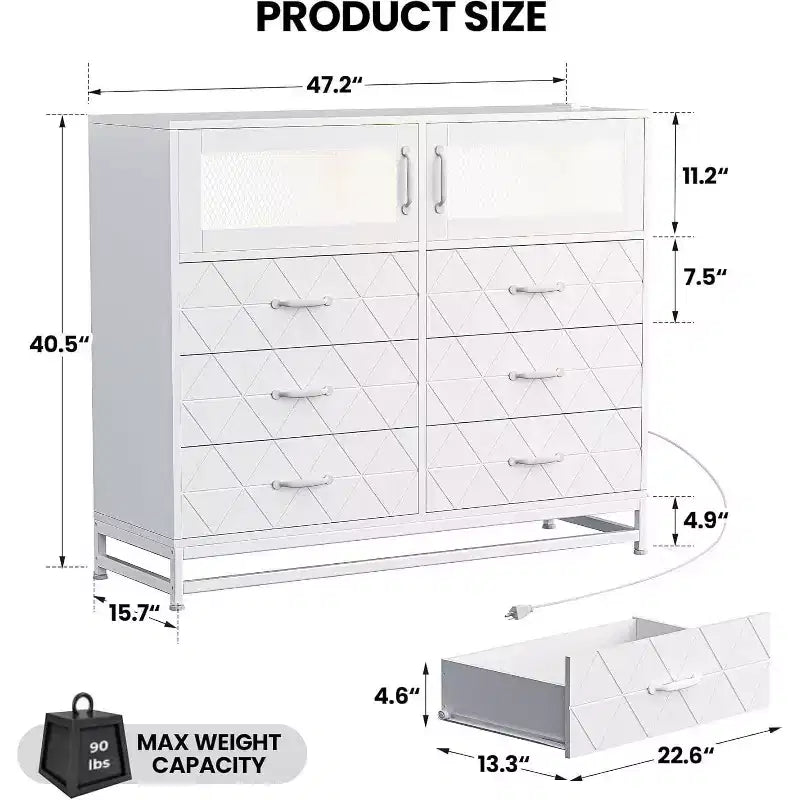 Commode à 8 tiroirs Acekool avec armoire pour chambre à coucher, chiffonnier haut avec station de charge, organisateur de rangement pour salon, couloir, placard