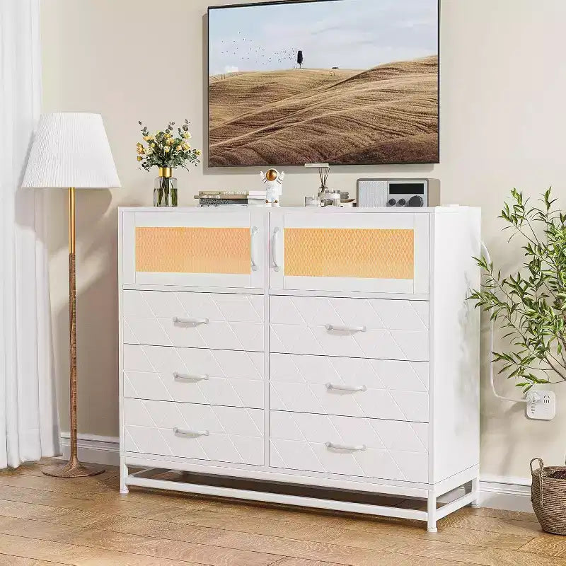 Commode à 8 tiroirs Acekool avec armoire pour chambre à coucher, chiffonnier haut avec station de charge, organisateur de rangement pour salon, couloir, placard