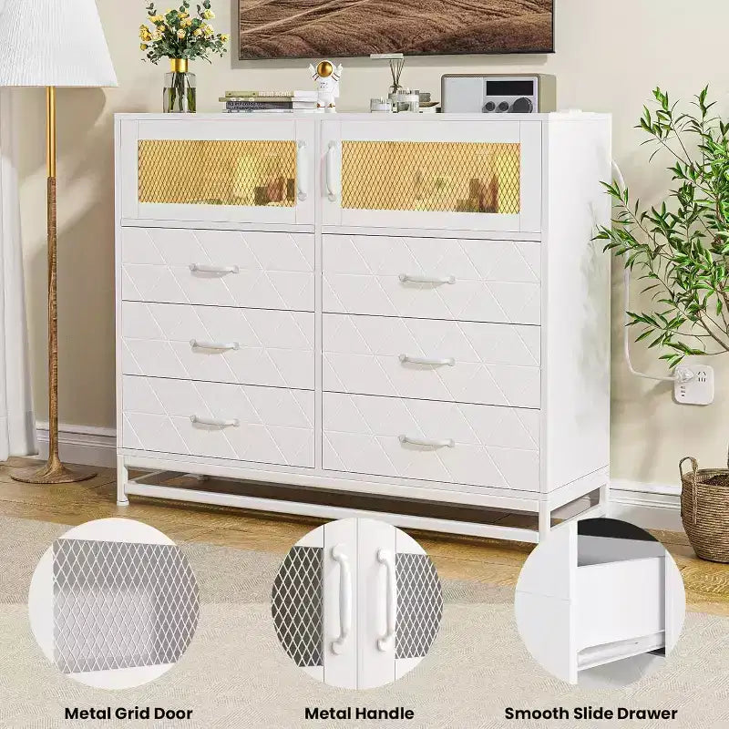Commode à 8 tiroirs Acekool avec armoire pour chambre à coucher, chiffonnier haut avec station de charge, organisateur de rangement pour salon, couloir, placard