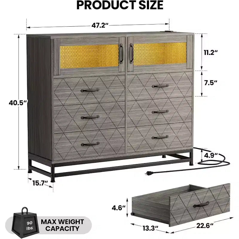 Commode à 8 tiroirs Acekool avec armoire pour chambre à coucher, chiffonnier haut avec station de charge, organisateur de rangement pour salon, couloir, placard