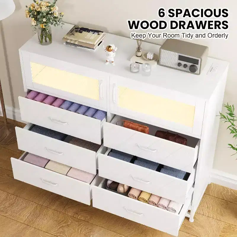 Commode à 8 tiroirs Acekool avec armoire pour chambre à coucher, chiffonnier haut avec station de charge, organisateur de rangement pour salon, couloir, placard
