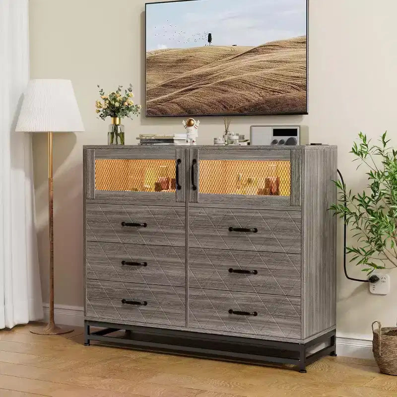 Commode à 8 tiroirs Acekool avec armoire pour chambre à coucher, chiffonnier haut avec station de charge, organisateur de rangement pour salon, couloir, placard