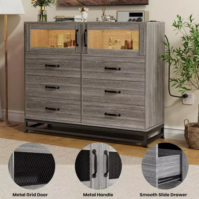 Commode à 8 tiroirs Acekool avec armoire pour chambre à coucher, chiffonnier haut avec station de charge, organisateur de rangement pour salon, couloir, placard