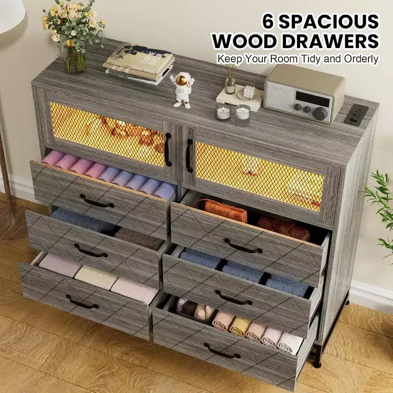 Commode à 8 tiroirs Acekool avec armoire pour chambre à coucher, chiffonnier haut avec station de charge, organisateur de rangement pour salon, couloir, placard