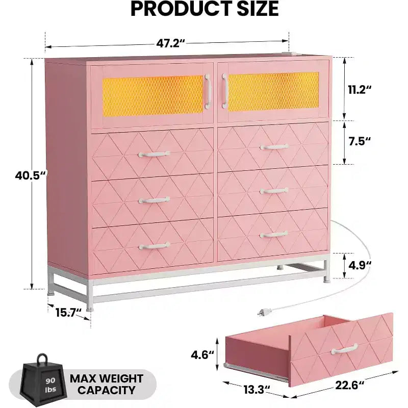 Commode à 8 tiroirs Acekool avec armoire pour chambre à coucher, chiffonnier haut avec station de charge, organisateur de rangement pour salon, couloir, placard