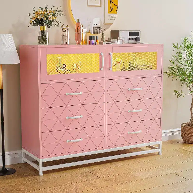 Commode à 8 tiroirs Acekool avec armoire pour chambre à coucher, chiffonnier haut avec station de charge, organisateur de rangement pour salon, couloir, placard