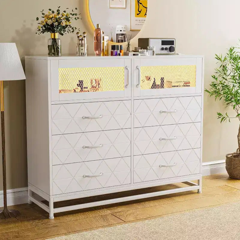 Commode à 8 tiroirs Acekool avec armoire pour chambre à coucher, chiffonnier haut avec station de charge, organisateur de rangement pour salon, couloir, placard