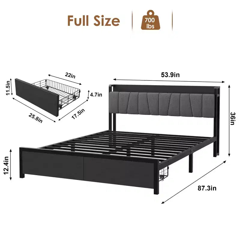 Cadre de lit Queen Size avec tête de lit rembourrée, tiroirs de rangement et station de recharge