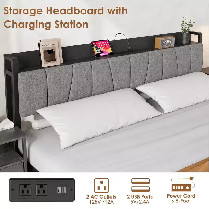 Cadre de lit Queen Size avec tête de lit rembourrée, tiroirs de rangement et station de recharge