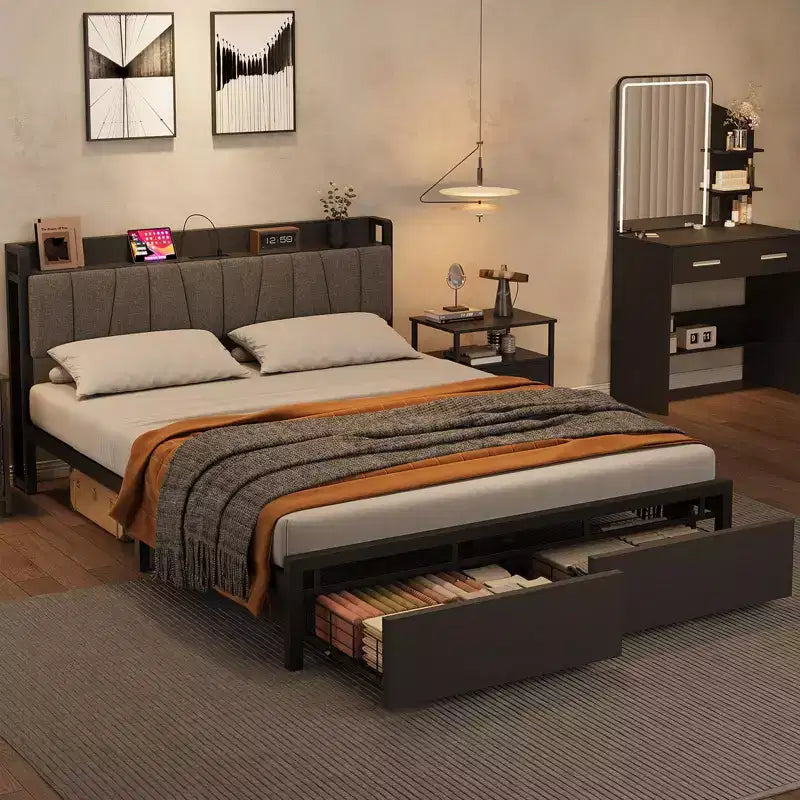Cadre de lit Queen Size avec tête de lit rembourrée, tiroirs de rangement et station de recharge
