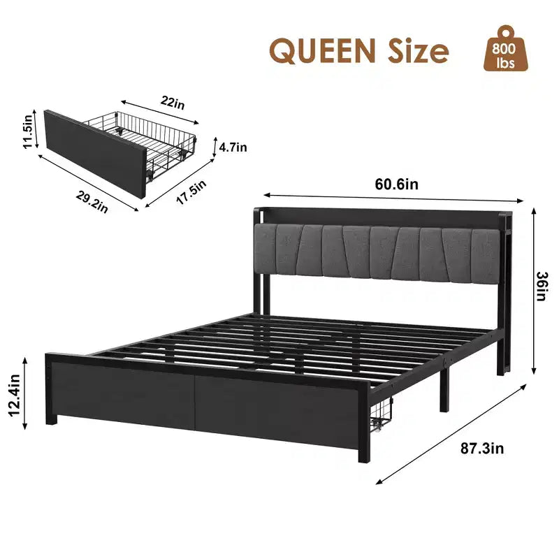Cadre de lit Queen Size avec tête de lit rembourrée, tiroirs de rangement et station de recharge