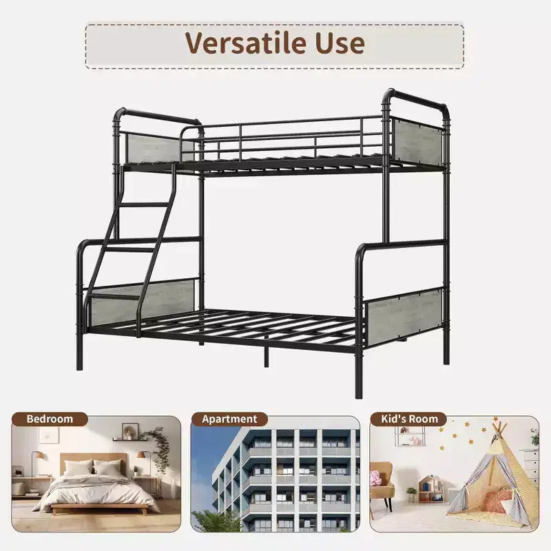Lit superposé en métal une place et demie avec échelle inclinée, garde-corps haut, cadre de lit superposé robuste avec lattes métalliques, bords arrondis lisses, pour enfants, adolescents