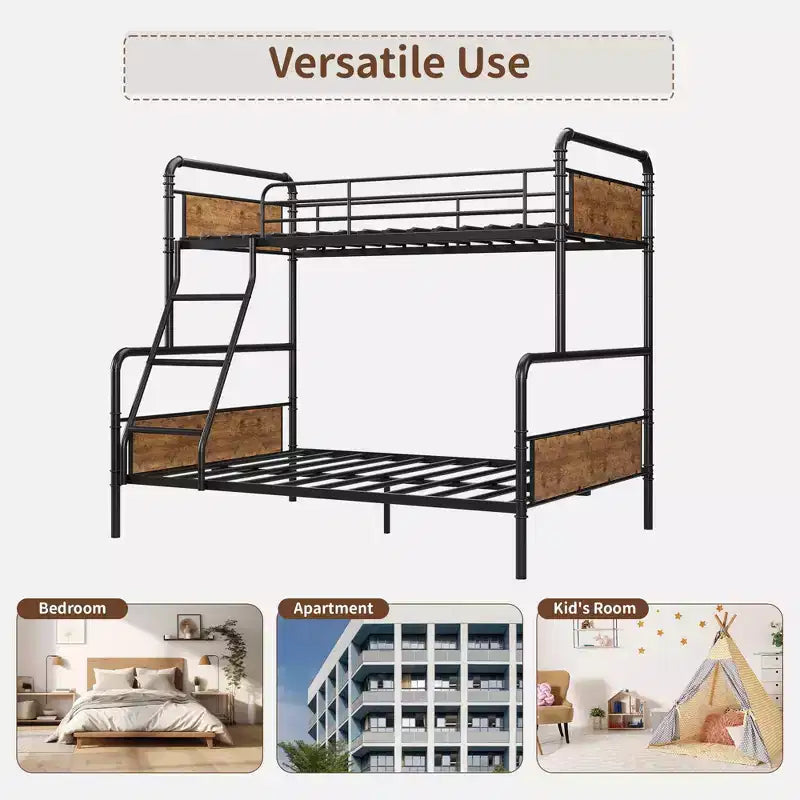 Lit superposé en métal une place et demie avec échelle inclinée, garde-corps haut, cadre de lit superposé robuste avec lattes métalliques, bords arrondis lisses, pour enfants, adolescents