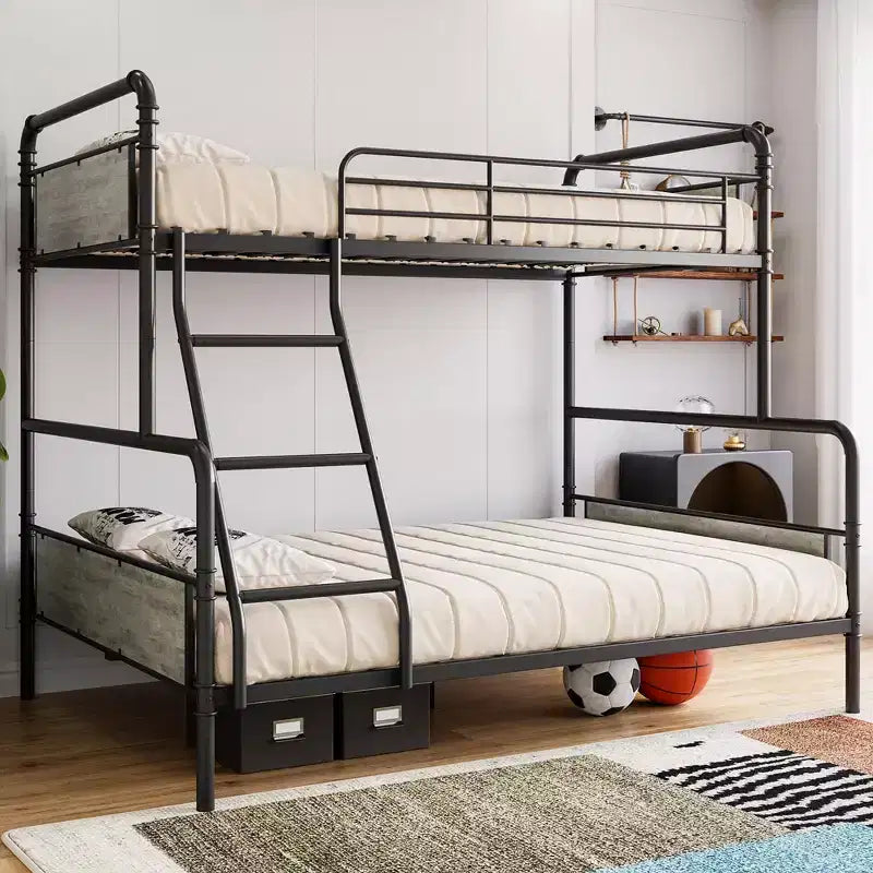 Lit superposé en métal une place et demie avec échelle inclinée, garde-corps haut, cadre de lit superposé robuste avec lattes métalliques, bords arrondis lisses, pour enfants, adolescents