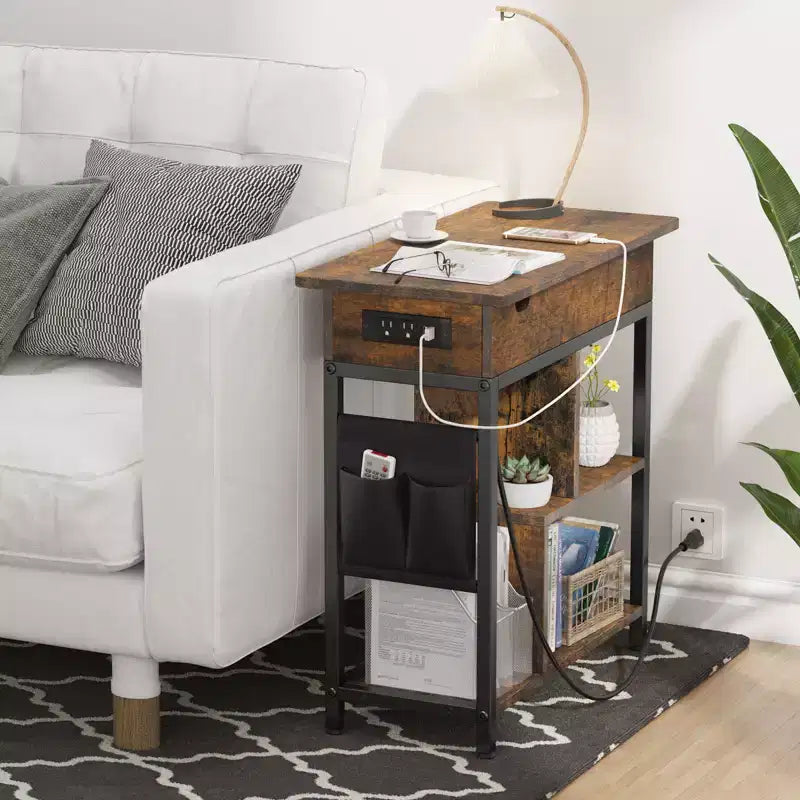 Table d'appoint, Table de chevet à plateau relevable, Petite table de canapé à 3 niveaux, Table de nuit avec étagères de rangement et sac, pour salon et chambre, Marron