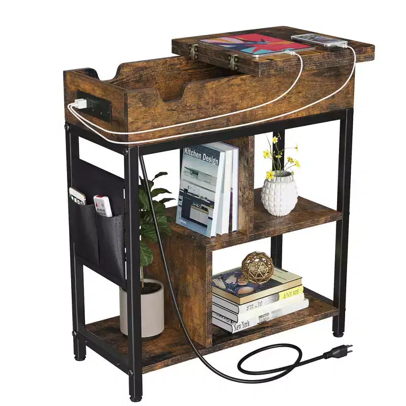 Table d'appoint, Table de chevet à plateau relevable, Petite table de canapé à 3 niveaux, Table de nuit avec étagères de rangement et sac, pour salon et chambre, Marron