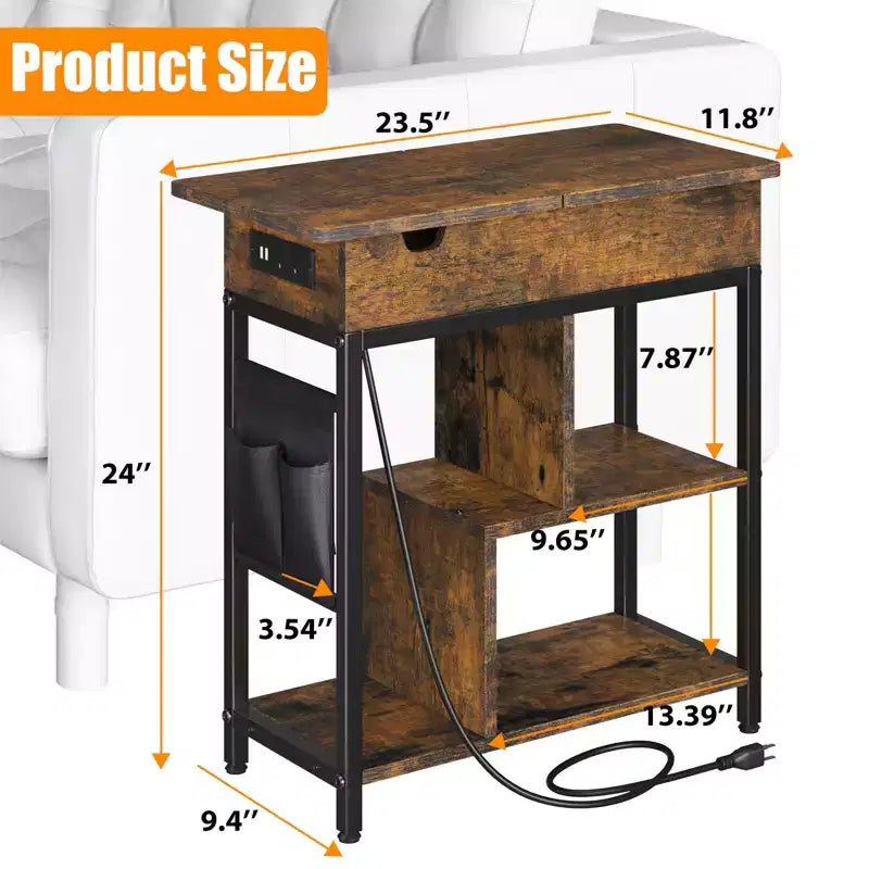 Table d'appoint, Table de chevet à plateau relevable, Petite table de canapé à 3 niveaux, Table de nuit avec étagères de rangement et sac, pour salon et chambre, Marron