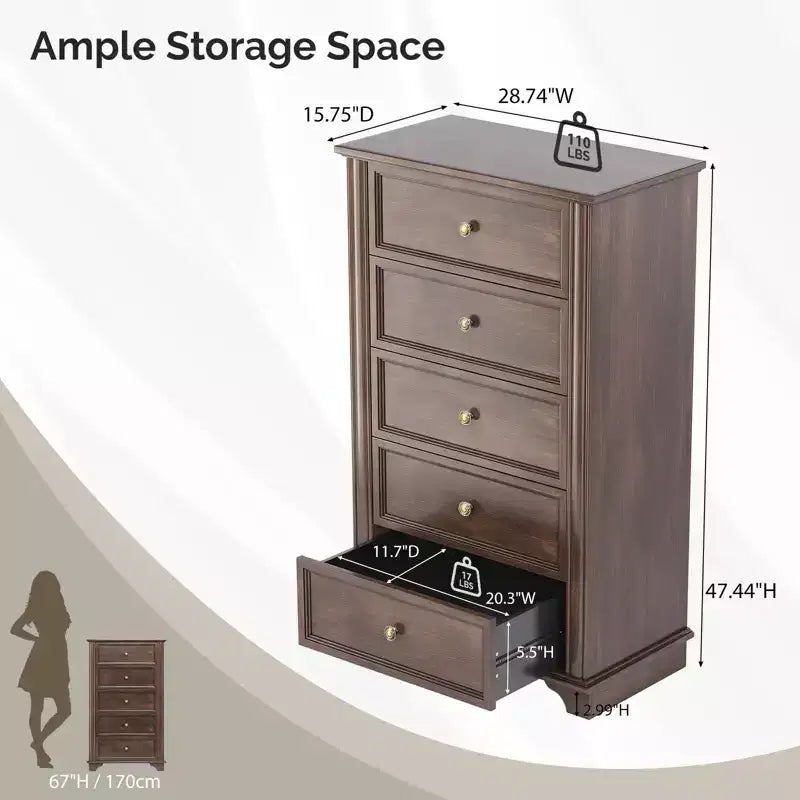 Commode 5 tiroirs Karl Home en MDF (panneau de fibres de densité moyenne) marron de 28,74 po de largeur