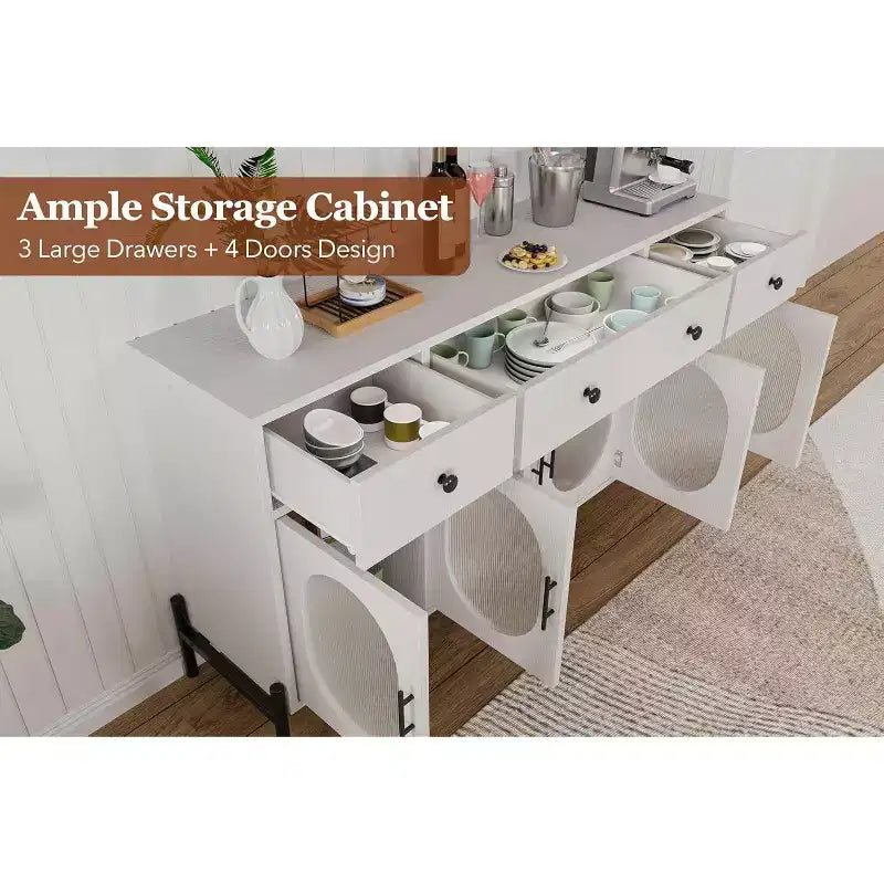 Buffet de rangement, Buffet en bois avec 3 tiroirs et 4 portes vitrées, Meuble de bar à café pour salle à manger, cuisine
