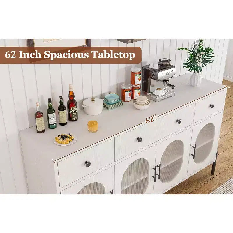 Buffet de rangement, Buffet en bois avec 3 tiroirs et 4 portes vitrées, Meuble de bar à café pour salle à manger, cuisine