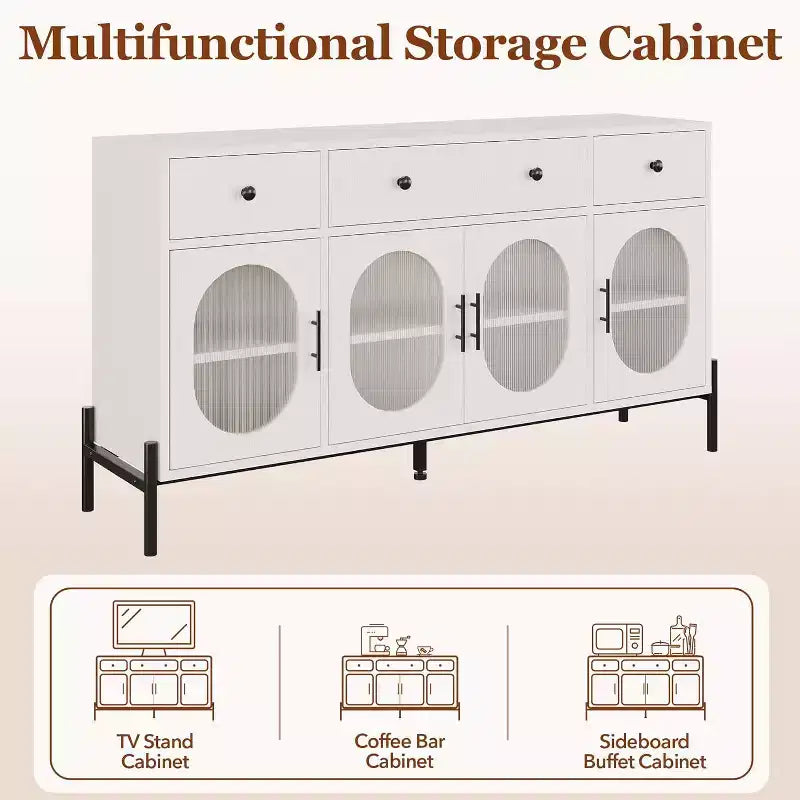 Buffet de rangement, Buffet en bois avec 3 tiroirs et 4 portes vitrées, Meuble de bar à café pour salle à manger, cuisine