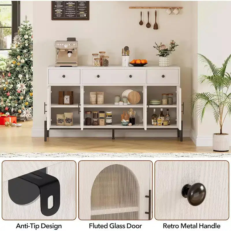 Buffet de rangement, Buffet en bois avec 3 tiroirs et 4 portes vitrées, Meuble de bar à café pour salle à manger, cuisine