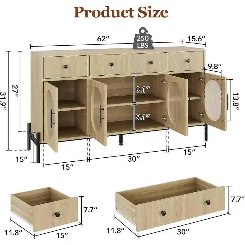Buffet de rangement, Buffet en bois avec 3 tiroirs et 4 portes vitrées, Meuble de bar à café pour salle à manger, cuisine
