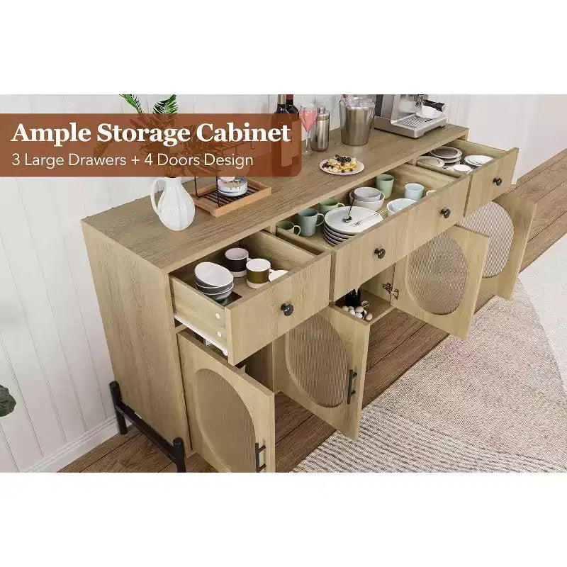 Buffet de rangement, Buffet en bois avec 3 tiroirs et 4 portes vitrées, Meuble de bar à café pour salle à manger, cuisine