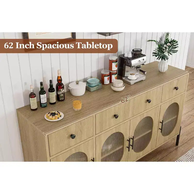 Buffet de rangement, Buffet en bois avec 3 tiroirs et 4 portes vitrées, Meuble de bar à café pour salle à manger, cuisine