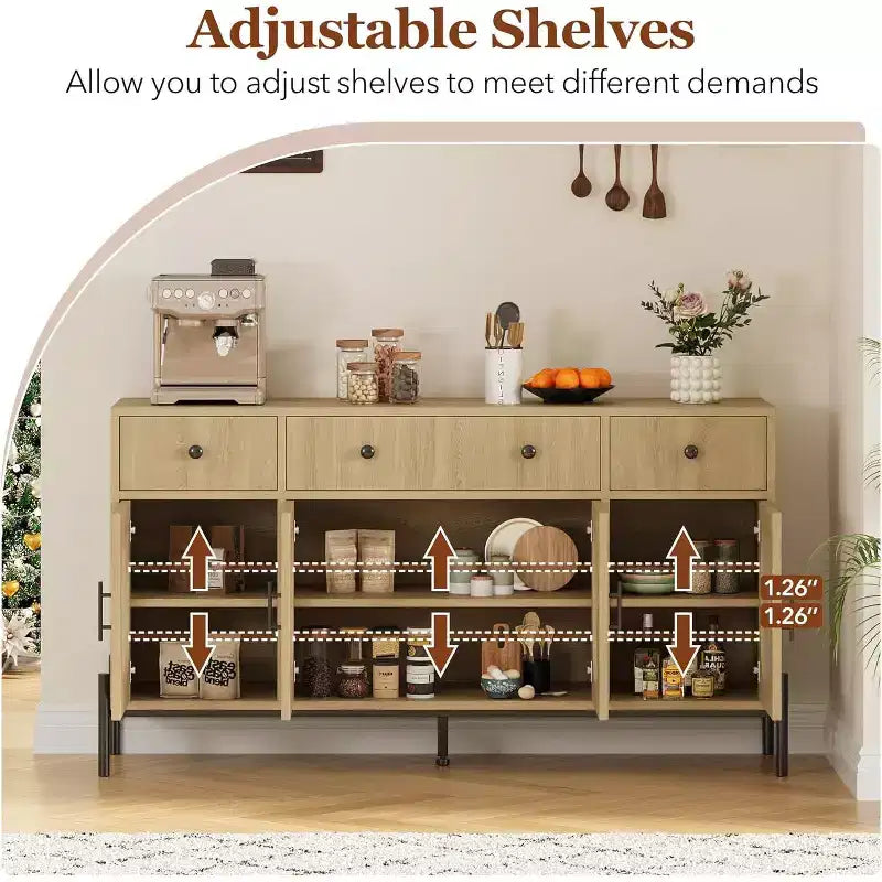 Buffet de rangement, Buffet en bois avec 3 tiroirs et 4 portes vitrées, Meuble de bar à café pour salle à manger, cuisine