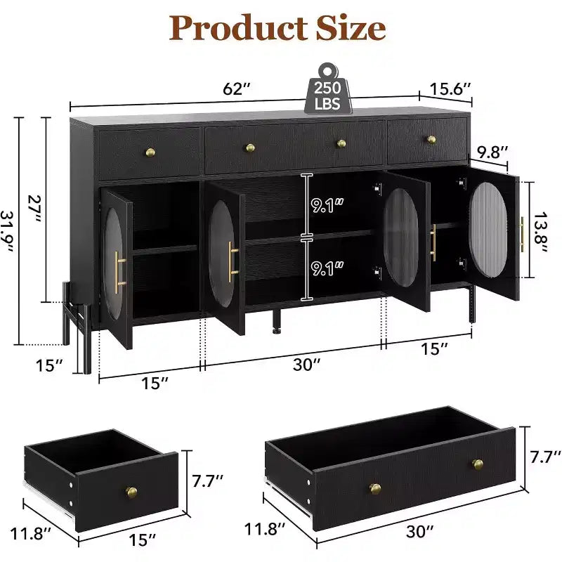 Buffet de rangement, Buffet en bois avec 3 tiroirs et 4 portes vitrées, Meuble de bar à café pour salle à manger, cuisine