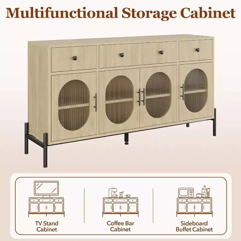 Buffet de rangement, Buffet en bois avec 3 tiroirs et 4 portes vitrées, Meuble de bar à café pour salle à manger, cuisine
