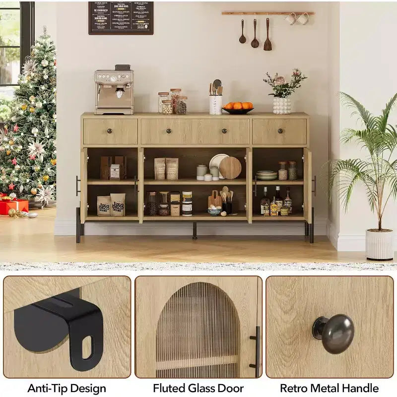 Buffet de rangement, Buffet en bois avec 3 tiroirs et 4 portes vitrées, Meuble de bar à café pour salle à manger, cuisine