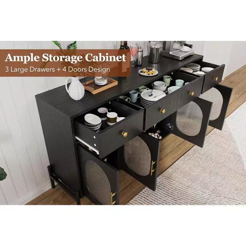 Buffet de rangement, Buffet en bois avec 3 tiroirs et 4 portes vitrées, Meuble de bar à café pour salle à manger, cuisine
