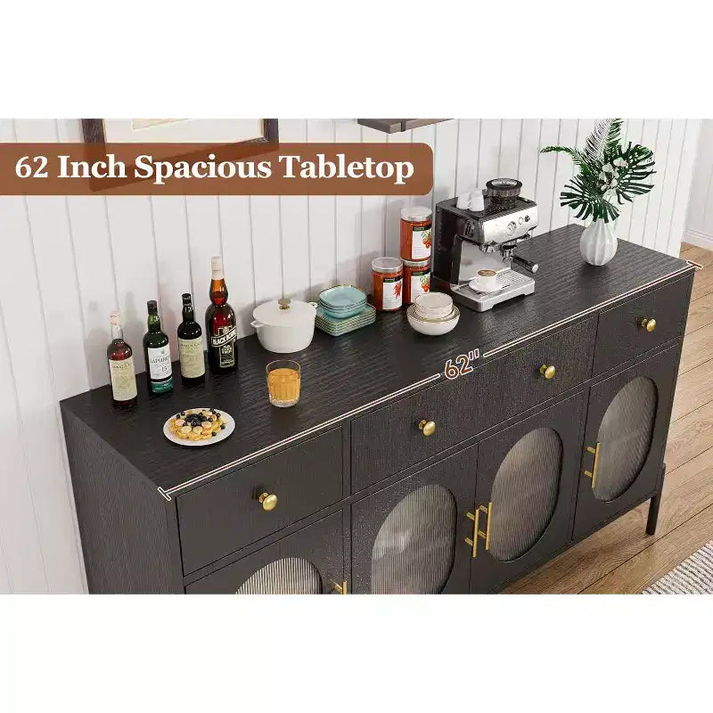 Buffet de rangement, Buffet en bois avec 3 tiroirs et 4 portes vitrées, Meuble de bar à café pour salle à manger, cuisine
