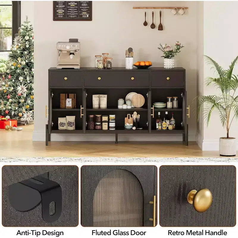 Buffet de rangement, Buffet en bois avec 3 tiroirs et 4 portes vitrées, Meuble de bar à café pour salle à manger, cuisine