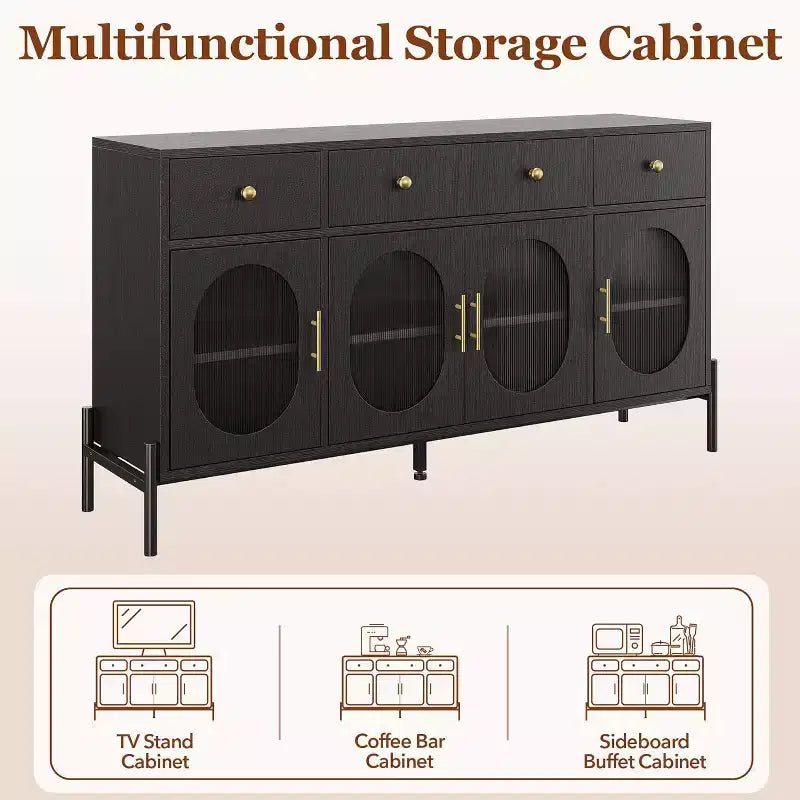 Buffet de rangement, Buffet en bois avec 3 tiroirs et 4 portes vitrées, Meuble de bar à café pour salle à manger, cuisine