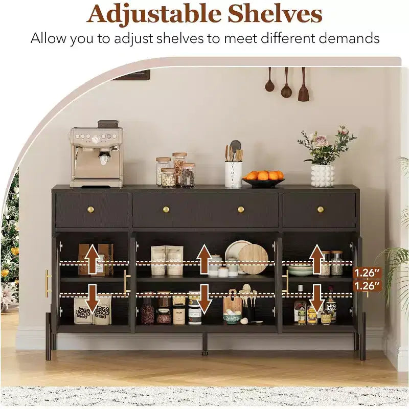 Buffet de rangement, Buffet en bois avec 3 tiroirs et 4 portes vitrées, Meuble de bar à café pour salle à manger, cuisine