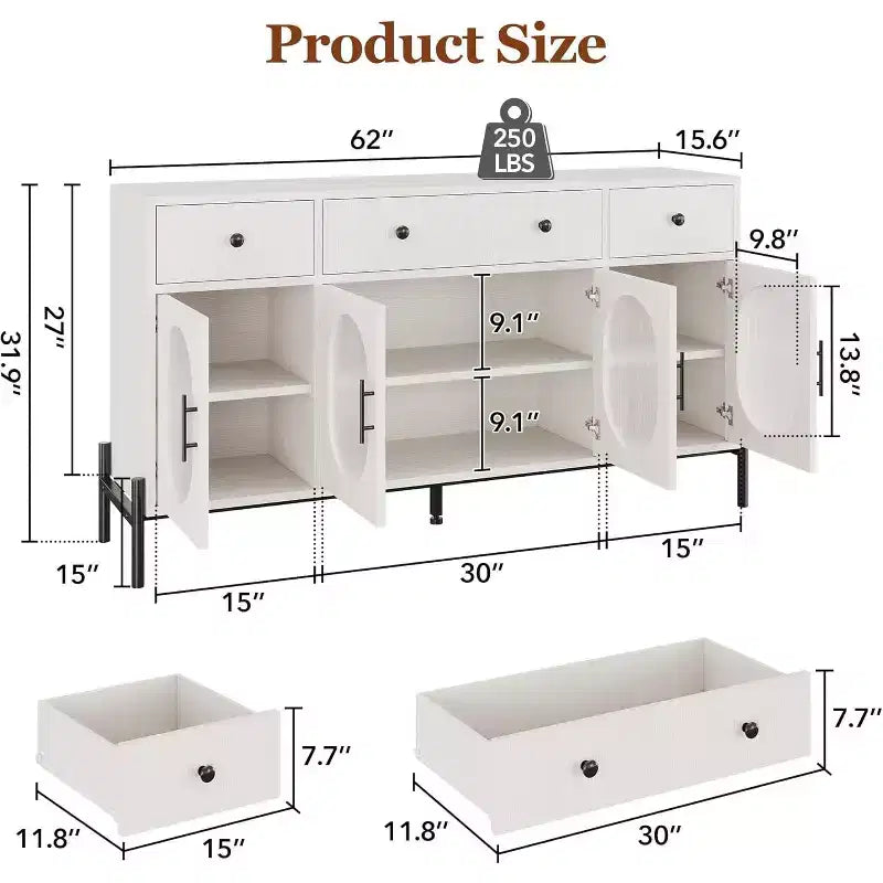 Buffet de rangement, Buffet en bois avec 3 tiroirs et 4 portes vitrées, Meuble de bar à café pour salle à manger, cuisine