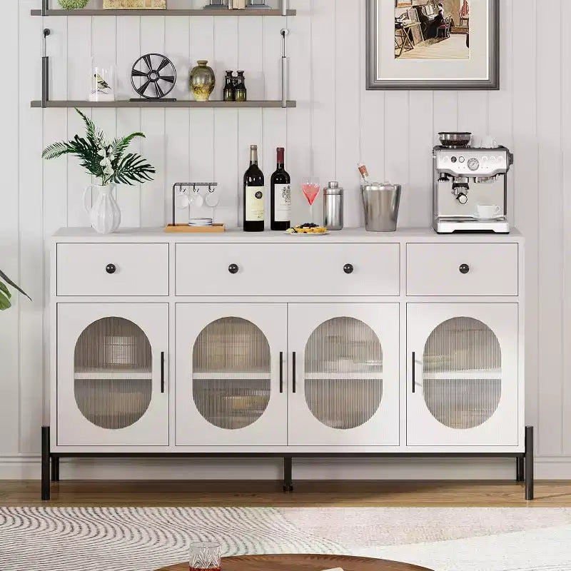 Buffet de rangement, Buffet en bois avec 3 tiroirs et 4 portes vitrées, Meuble de bar à café pour salle à manger, cuisine