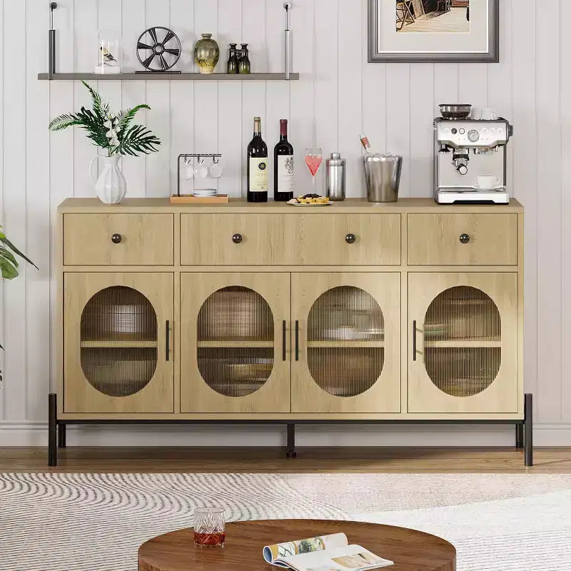 Buffet de rangement, Buffet en bois avec 3 tiroirs et 4 portes vitrées, Meuble de bar à café pour salle à manger, cuisine